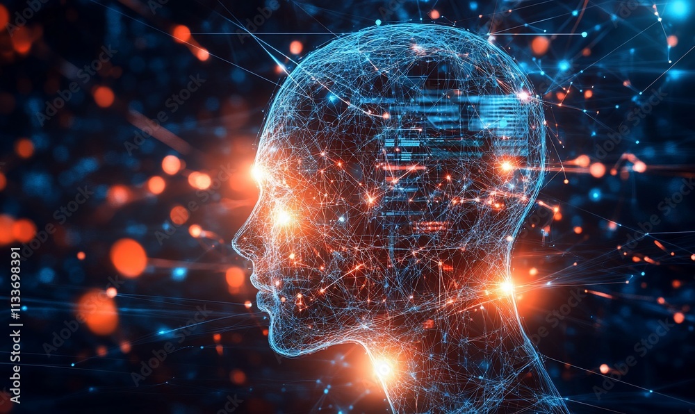 Poster abstract representation of a digital human head with glowing connections.