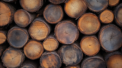 Stacked logs showcasing natural wood patterns and textures in a rustic setting
