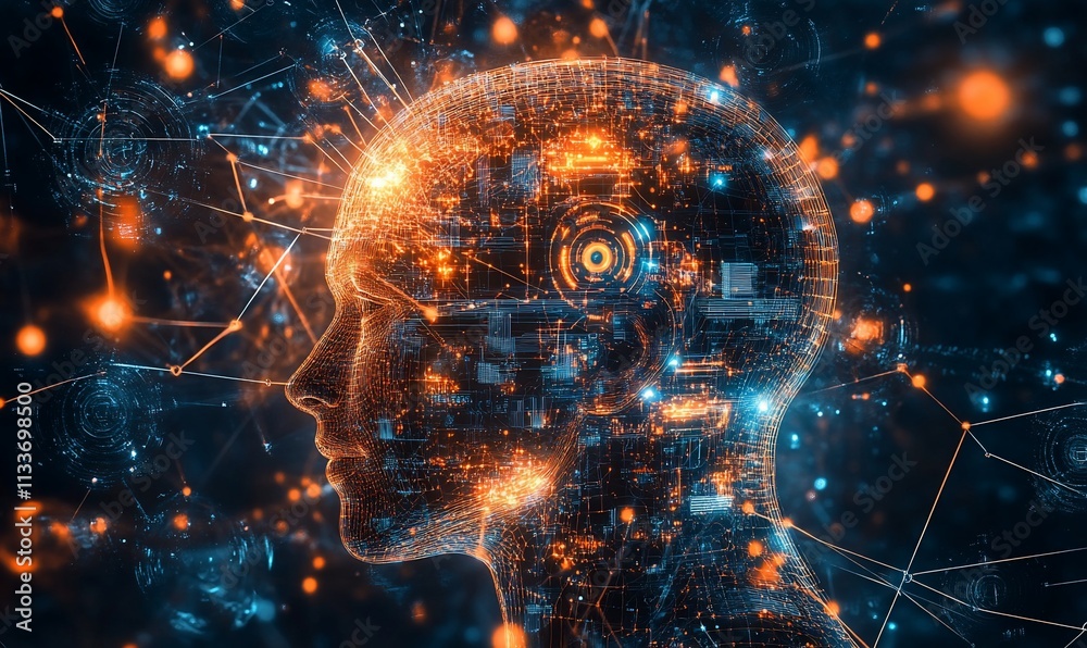 Poster Abstract representation of a human head with digital circuitry and glowing elements.