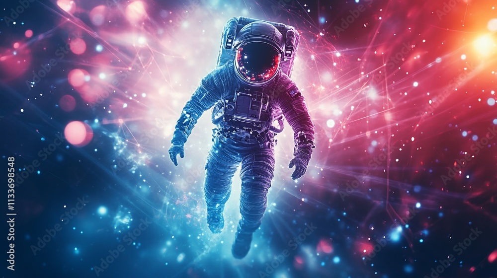 Poster an astronaut floating in a vibrant cosmic background of stars and colors.