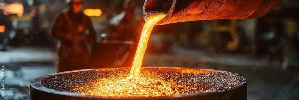 Poster molten metal is poured from a channel into casting molds, creating vivid flames and sparks inside an