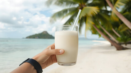 A hand offering a glass of coconut water with a tropical island in the blurred background