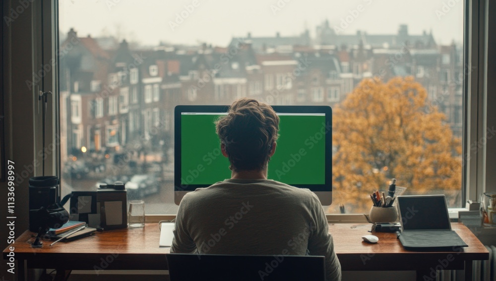 Poster Man working at desk facing green screen computer, overlooking city.
