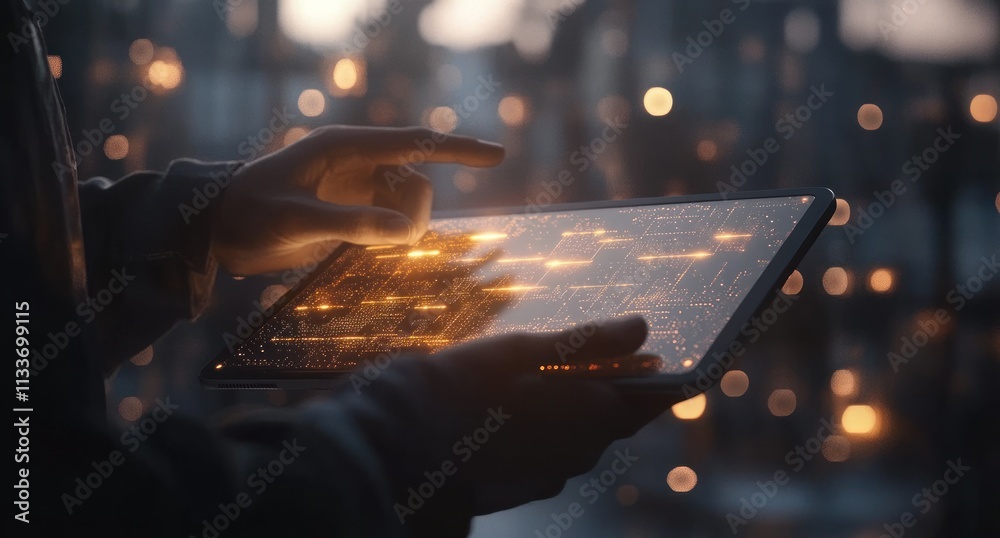Poster Person using a tablet with glowing digital interface.