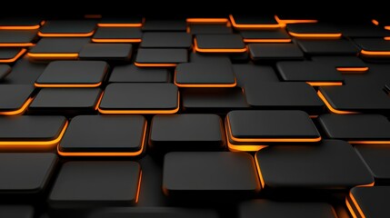 Obraz premium Dynamic interplay of black and orange squares on a gradient background, modern abstract geometric design.