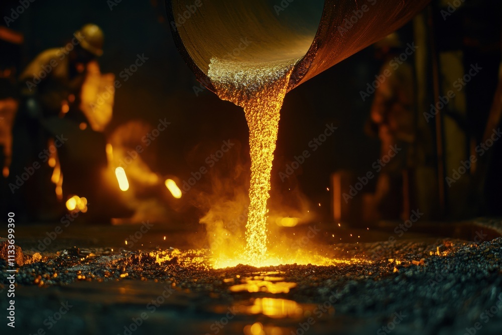 Poster molten metal streams into casting molds, creating intense flames and bright sparks in a bustling ind