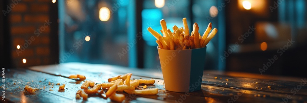 Poster A cup filled with golden fries is placed on a wooden table surrounded by a warm and inviting ambiance with soft lighting. Generative AI