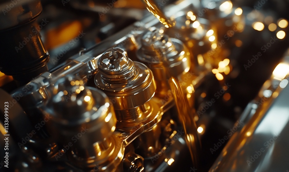 Poster close-up of an engine with oil being poured, showcasing mechanical components.