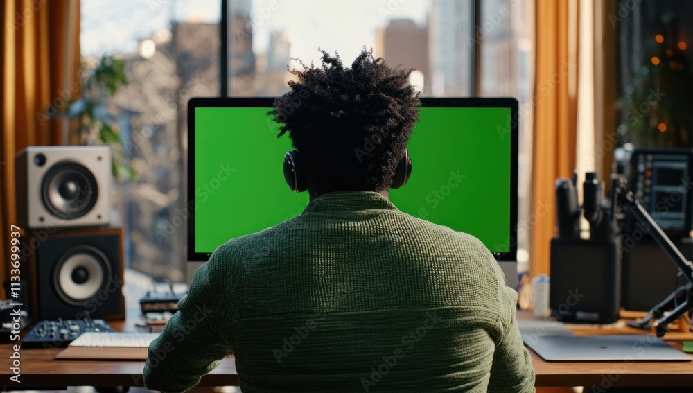 Poster Man with headphones sits at desk facing green screen computer.