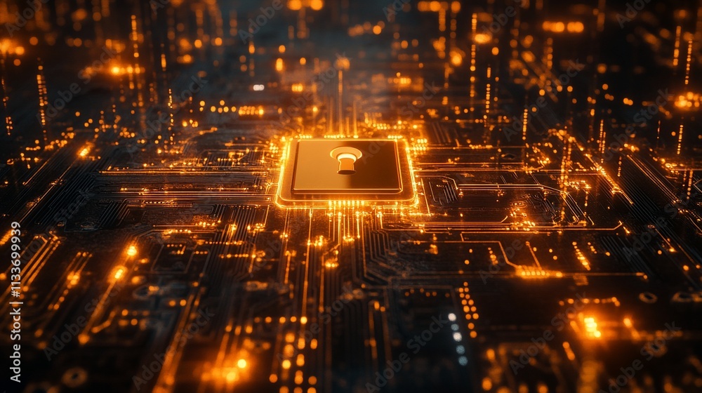 Poster Digital lock symbol on a circuit board, representing cybersecurity and data protection.