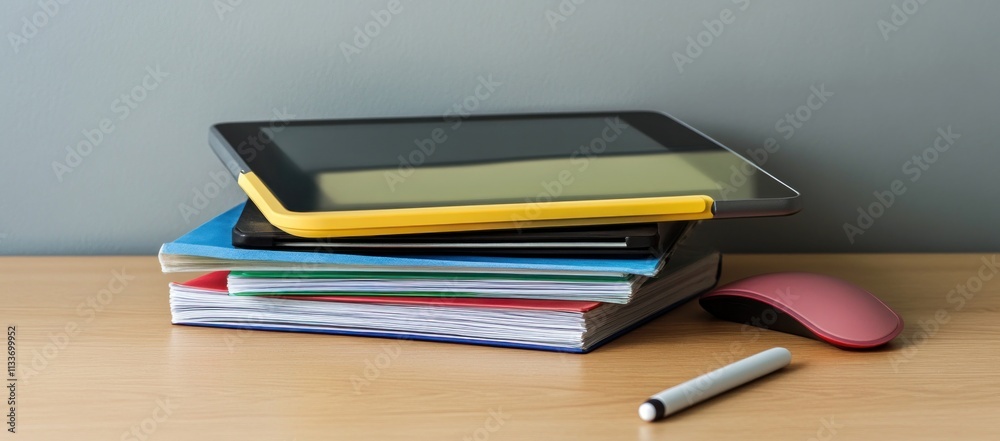Poster tablet on stack of books with mouse and pen on desk.