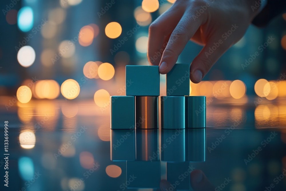 Poster hand placing block on stack against blurred city lights.