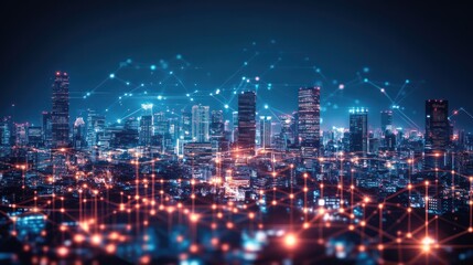 Abstract city with glowing network connections at night.