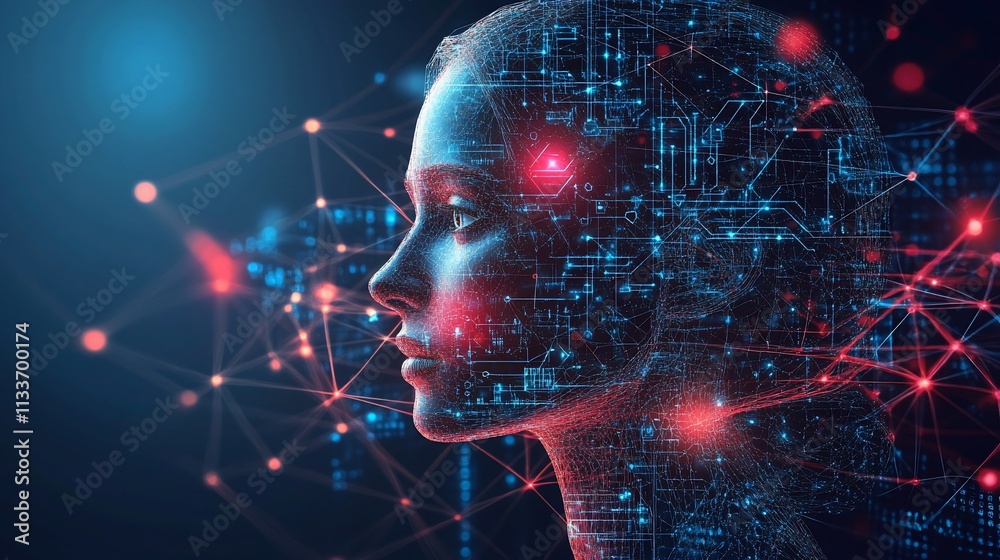 Poster digital representation of a human face with technological elements.