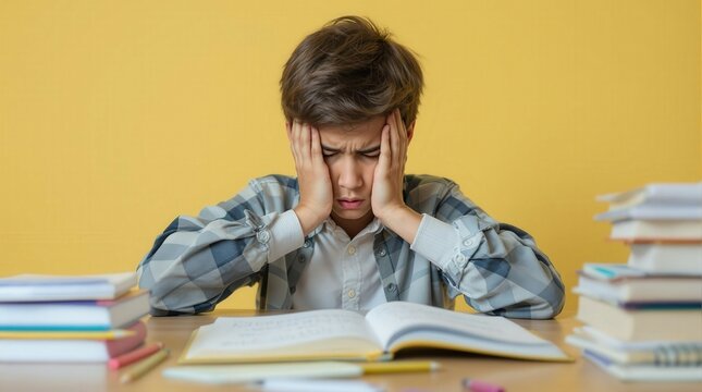 Frustrated boy holding head, surrounded by books, showcasing stress from studying, ideal for tutoring or educational ads.