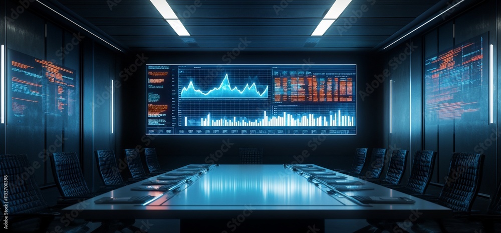 Poster futuristic conference room with data visualization and analytics display.