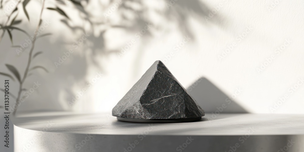 Poster pyramid-shaped dark gray stone object on a white surface with plant shadows.