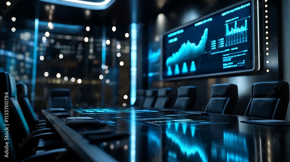 Poster Modern conference room with a digital display and data graphics.