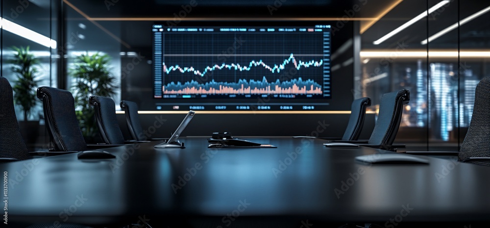 Poster Modern conference room with a financial graph displayed on a screen.