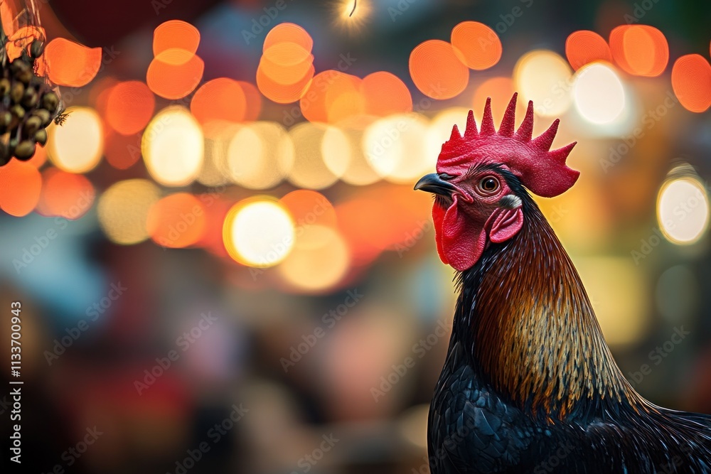 Poster Close-up of a rooster against a bokeh background of lights.