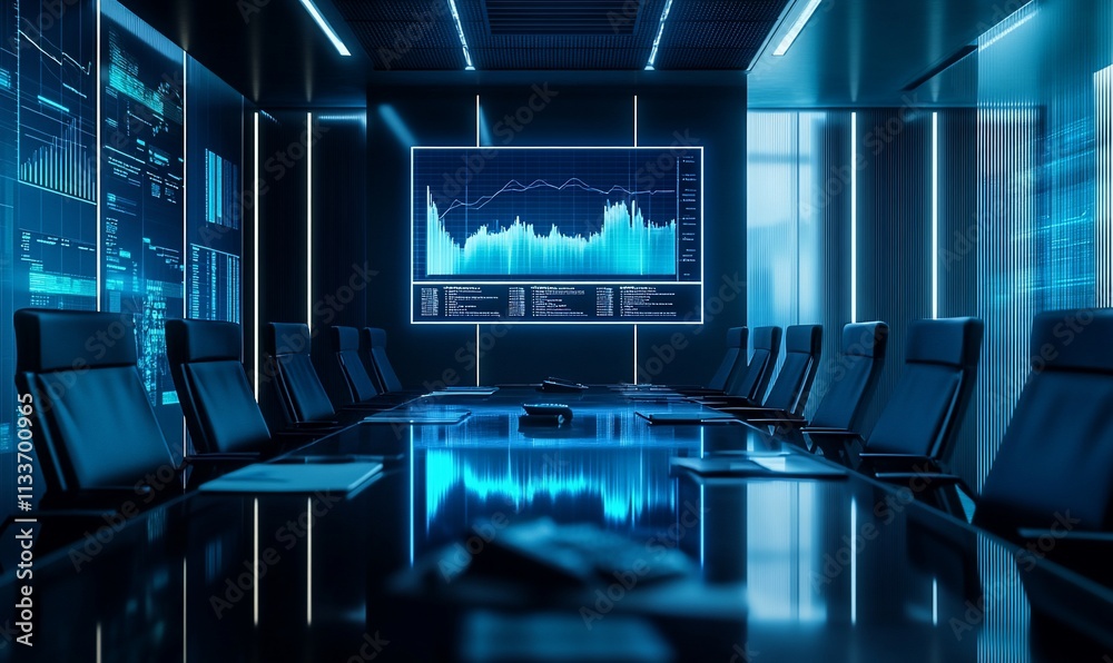 Poster modern conference room with a digital display and sleek design.