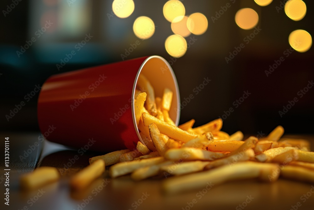Poster crispy golden fries cascade from a red cup, creating a delightful mess amidst soft, warm background 