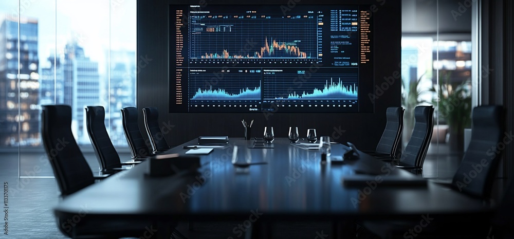 Poster Modern conference room with a large screen displaying data analytics.