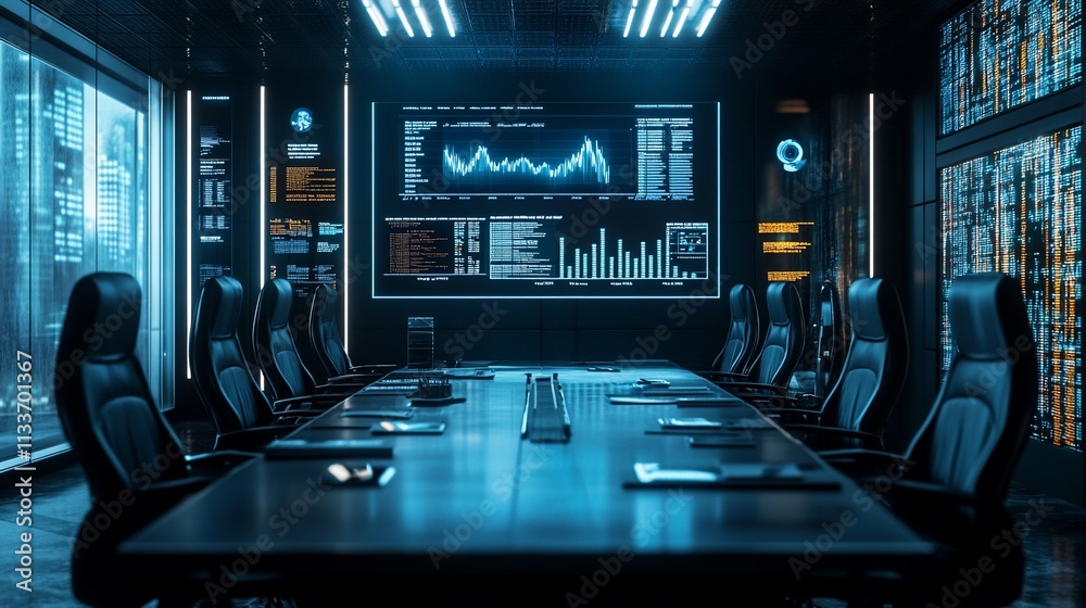 Fototapete modern conference room with a large screen displaying data analytics.