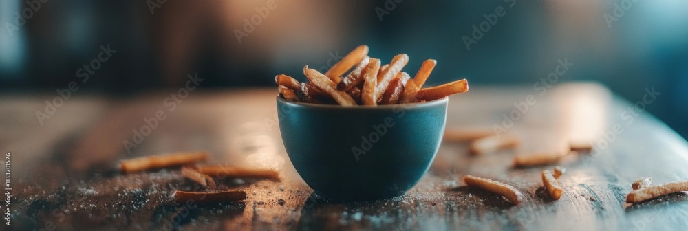 Poster golden, crispy fries are served in a cup on a rustic wooden table, surrounded by a warm, inviting at