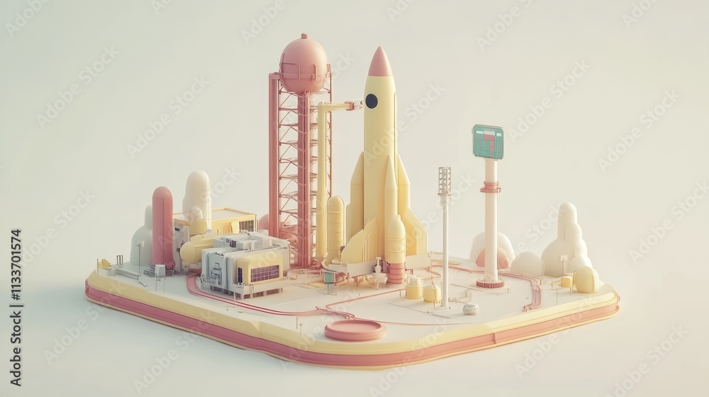 Poster Low-poly model of a rocket launchpad with rocket on the launch tower.