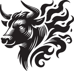 Obraz premium A bull head silhouette with a flame pattern in the horns vector black
