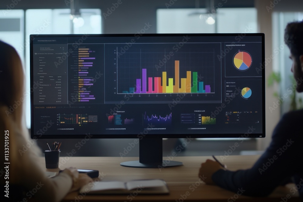 Aufkleber Two colleagues analyze data on a large monitor.