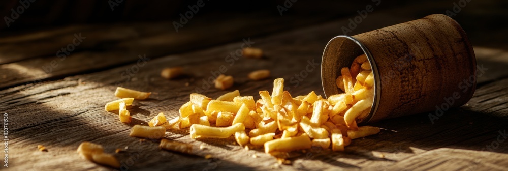 Poster golden fries are scattered on a wooden surface, with some spilling out of a cup in warm afternoon li