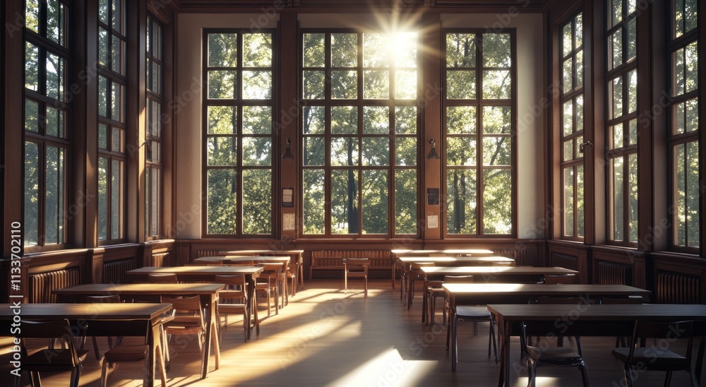 Poster sunlit classroom with wooden desks and large windows overlooking trees.