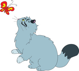 illustration, cartoon, cute, wild, cat, manul, lies, happily, stretched, out, summer, green, lawn, among, flowers, pallas's, mammal, zoo, animal, vector, fur, wildlife, carnivore, kitten, wildcat, cha