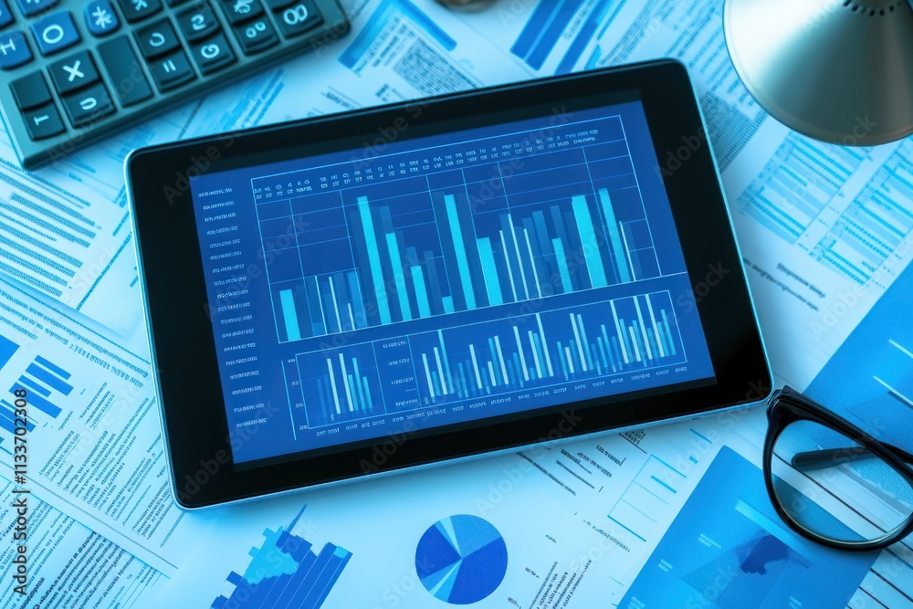Aufkleber tablet displaying financial charts and graphs on documents.