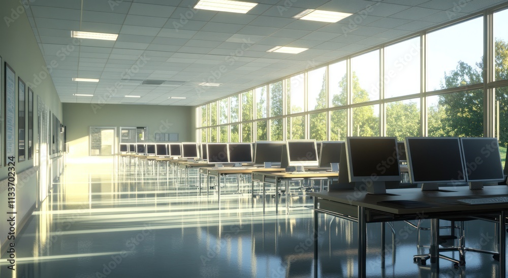 Leinwandbilder Sunlit computer lab with rows of desktops and large windows overlooking a green landscape.