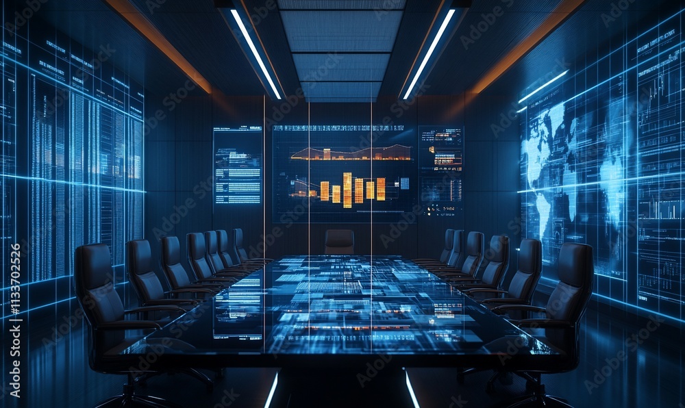 Poster modern conference room with digital screens for data analysis and presentations.