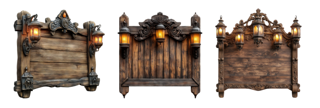 Vintage Frames with Lanterns and Wood on Transparent Background