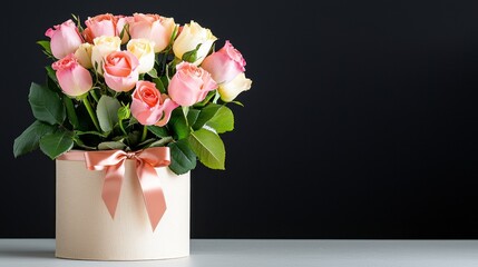 Fototapeta premium Luxurious bouquet of pink and white roses in round box with ribbon. Perfect for celebrations and special occasions, adding elegance to any setting