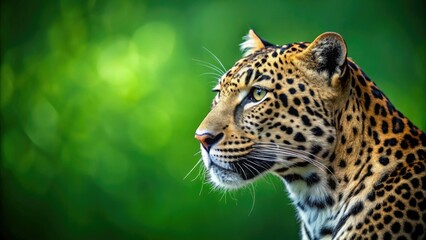 Obraz premium Close-up profile of a black and white leopard's head, set against a vibrant green background.