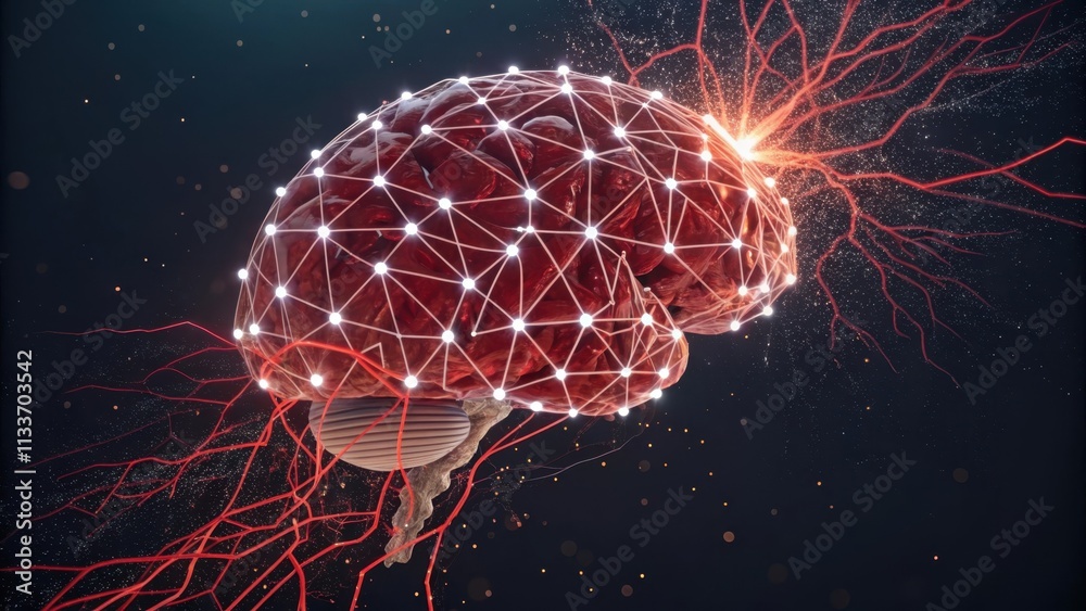 Poster neural network visualized with glowing lines and dots, representing the complex connections and elec