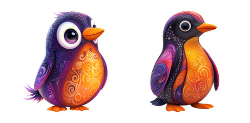 Naklejka premium Colorful Cartoon Penguins on Transparent Background