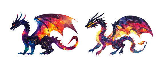 Naklejka premium Colorful Fantasy Dragons on Transparent Background