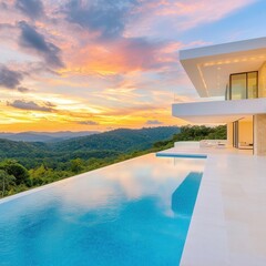 Fototapeta premium Villa with glowing glass façade and infinity pool at sunset