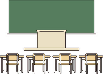 黒板、教壇、机、椅子、後方から見た教室のベクターイラスト