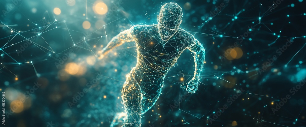 Poster a digital representation of a runner in a futuristic, abstract style.