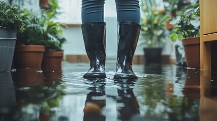 A person standing in their home with water up to the soles of their boots, highlighting an emergency scenario and how clean black rubber wellington boots can help during a natural disaster. 