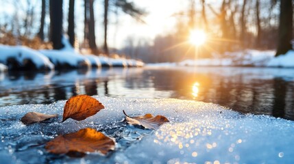 Obraz premium Peaceful and tranquil winter landscape with a frozen lake or pond reflecting the warm glow of the setting sun through the bare trees in the forest The scene is serene and picturesque with a natural