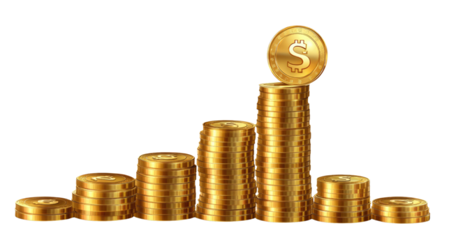 Golden Coin Stacks: A visual representation of financial growth and prosperity, with stacks of gold coins increasing in size, culminating in a single golden coin at the peak.